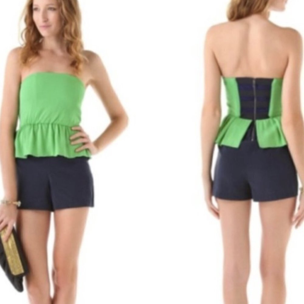 Alice + Olivia Color-block Kelly Green and Navy Silk Romper
